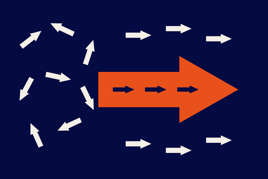Small arrows point in all directions, one large orange arrow gives them the same direction