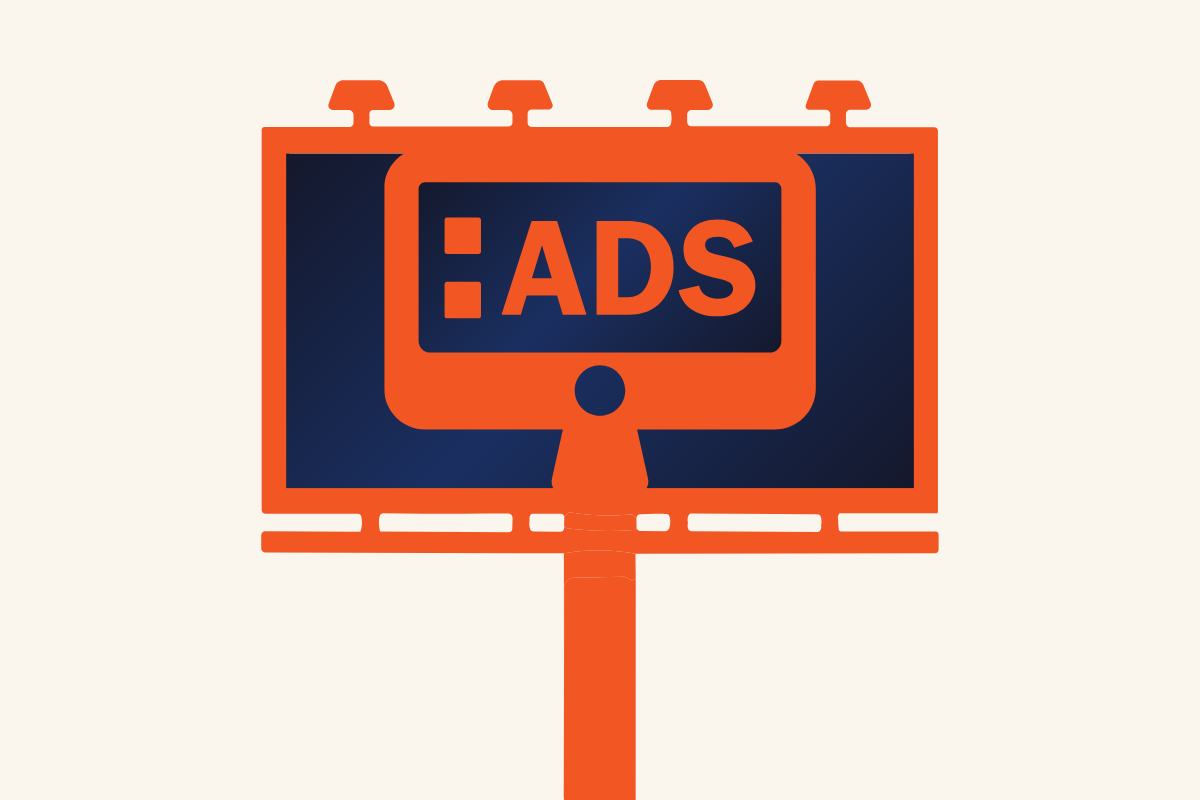 Illustratie van een oranje reclamebord met een scherm waarop ADS staat