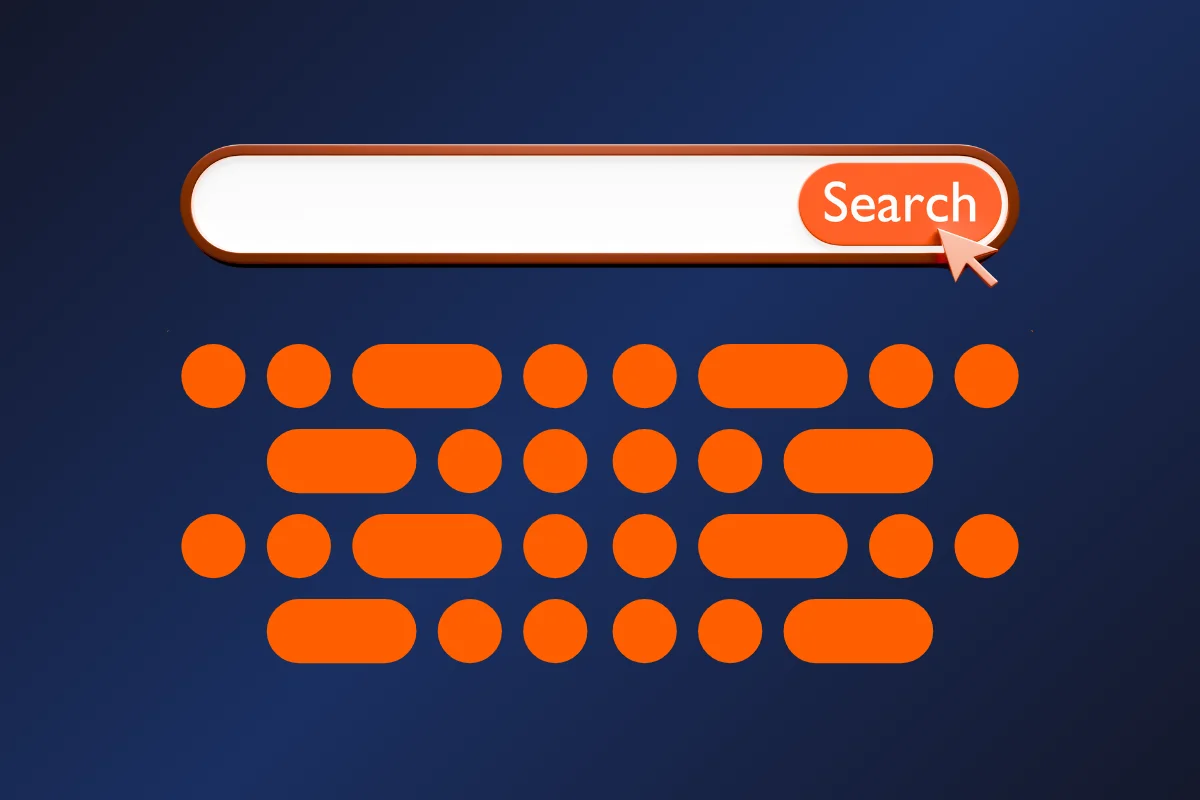 Search bar with an orange search button and cursor, above rows of orange dots and dashes on dark blue
