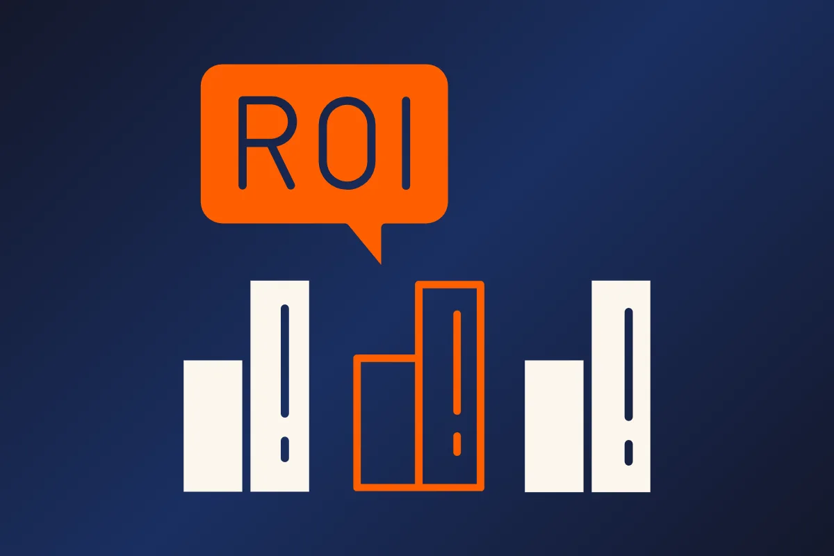 Orange speech bubble reading ROI above three bar charts on a dark blue background