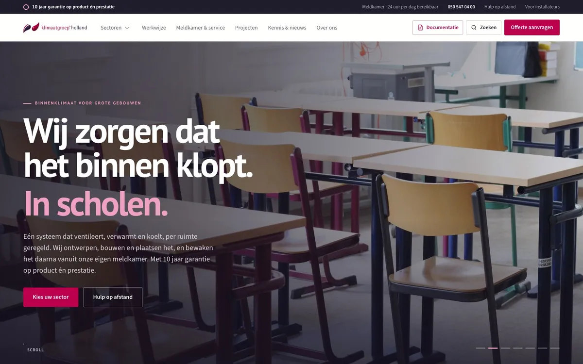 De nieuwe website van Klimaatgroep Holland, gebouwd door Art of Advertising, met een header die per sector wisselt