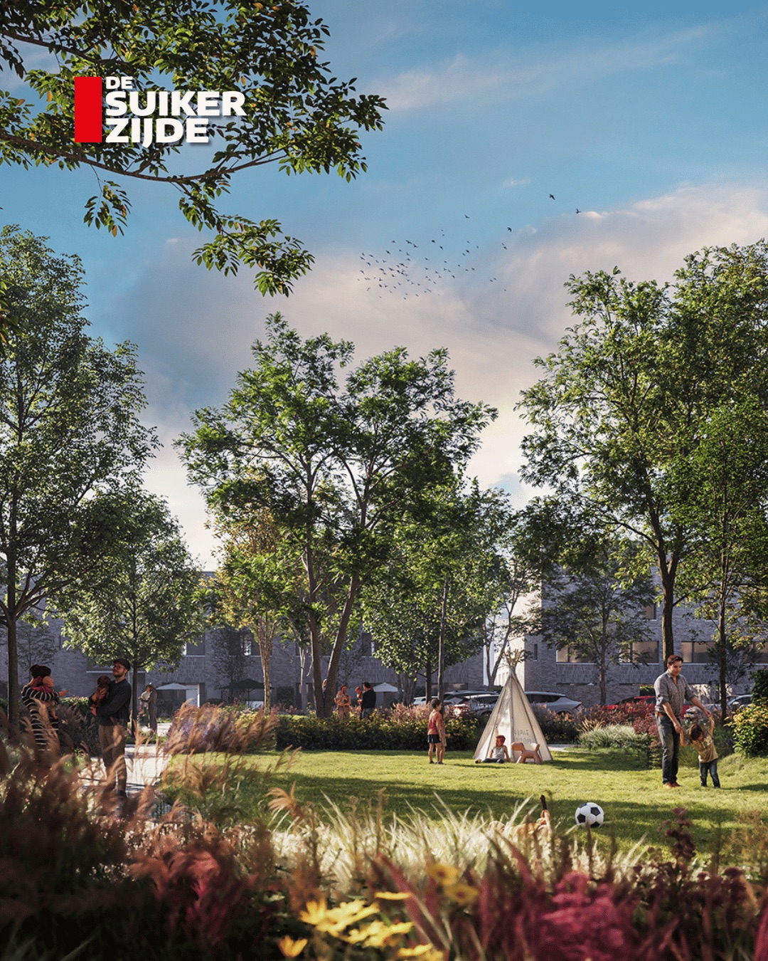 Social post for De Suikerzijde: children playing in the park of the new district